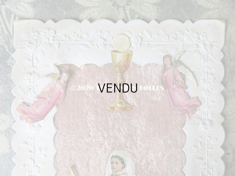 画像3: アンティーク  初聖体の大きなカニヴェ ピンクのリボン＆薔薇のフレーム  ホーリーカード プルミエール・コミュ二オン
