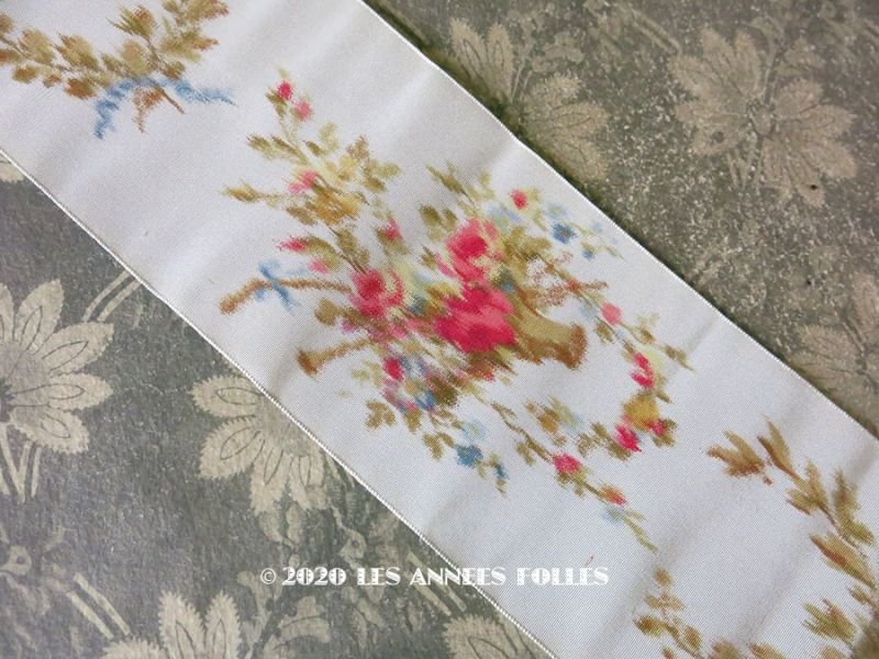 画像1: 19世紀 アンティーク シルク製  ほぐし織り 薔薇の花かご 幅広リボン 118cm