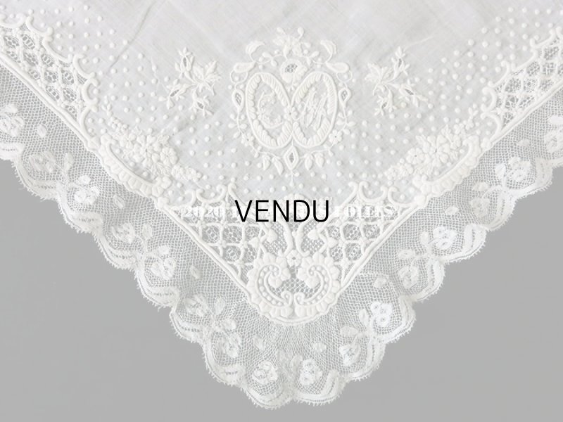 画像3:  19世紀 アンティーク  結婚式のハンカチ イニシャル【CH】 ホワイトワーク & 手編みのヴァランシエンヌレース
