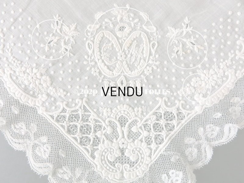 画像6:  19世紀 アンティーク  結婚式のハンカチ イニシャル【CH】 ホワイトワーク & 手編みのヴァランシエンヌレース