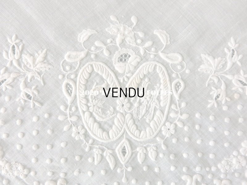 画像7:  19世紀 アンティーク  結婚式のハンカチ イニシャル【CH】 ホワイトワーク & 手編みのヴァランシエンヌレース