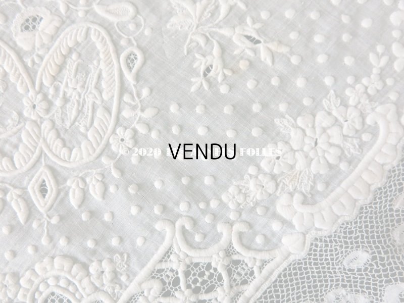 画像8:  19世紀 アンティーク  結婚式のハンカチ イニシャル【CH】 ホワイトワーク & 手編みのヴァランシエンヌレース