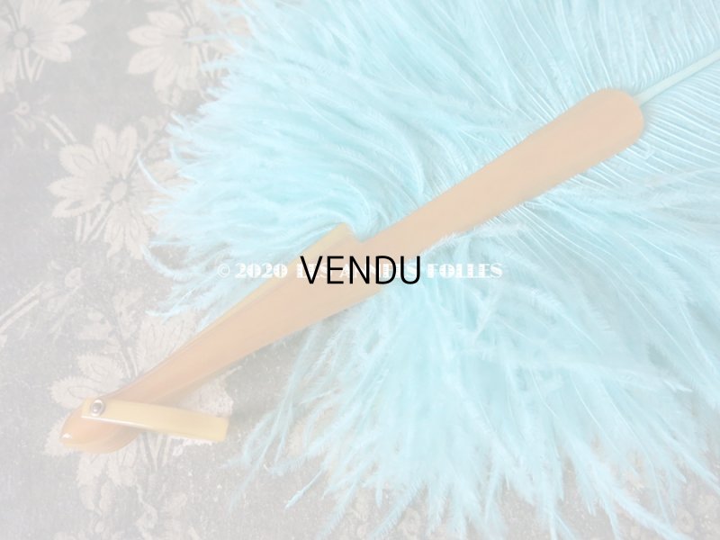 画像8: 1900年代 アンティーク 王冠付き 大きなファン  ブルーのフェザー