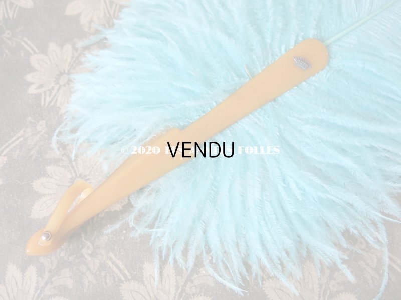 画像7: 1900年代 アンティーク 王冠付き 大きなファン  ブルーのフェザー