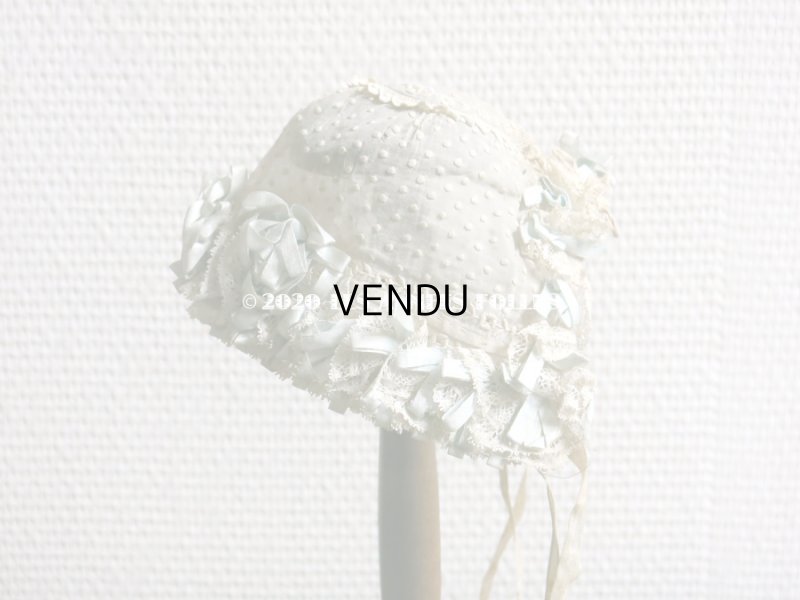 画像3: アンティーク ドール & ベビー用ボネ 水色のリボン&花模様と水玉の刺繍入り