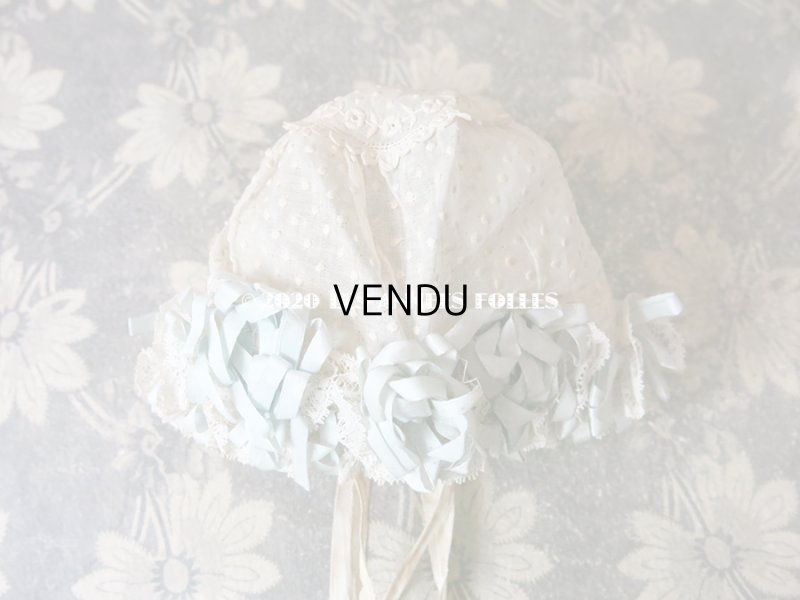 画像4: アンティーク ドール & ベビー用ボネ 水色のリボン&花模様と水玉の刺繍入り