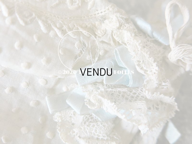 画像9: アンティーク ドール & ベビー用ボネ 水色のリボン&花模様と水玉の刺繍入り