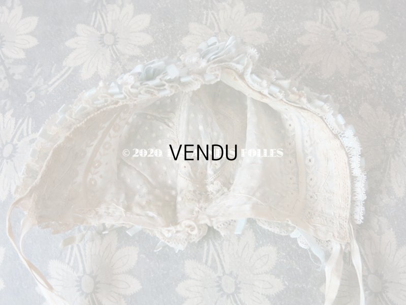 画像10: アンティーク ドール & ベビー用ボネ 水色のリボン&花模様と水玉の刺繍入り