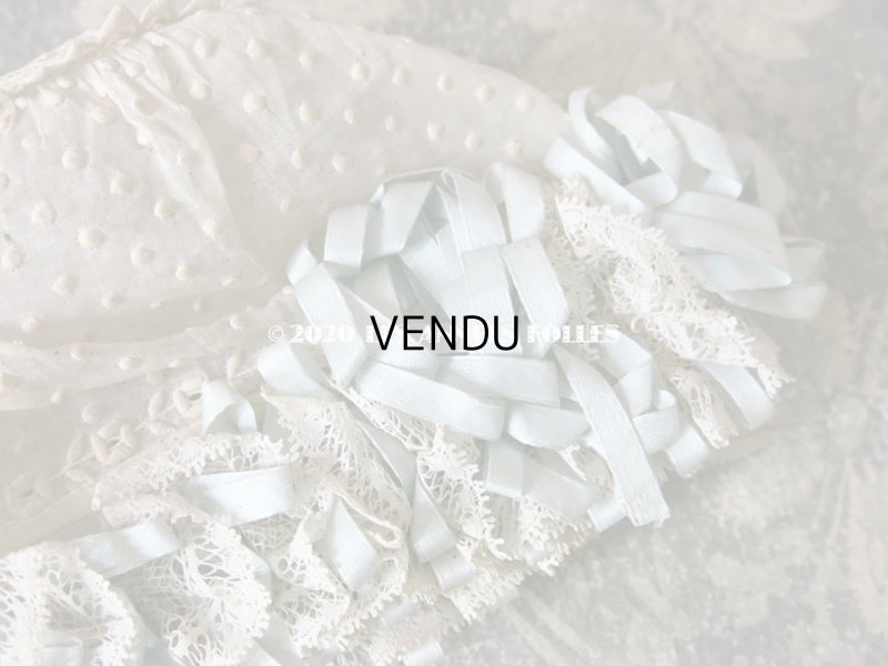 画像6: アンティーク ドール & ベビー用ボネ 水色のリボン&花模様と水玉の刺繍入り