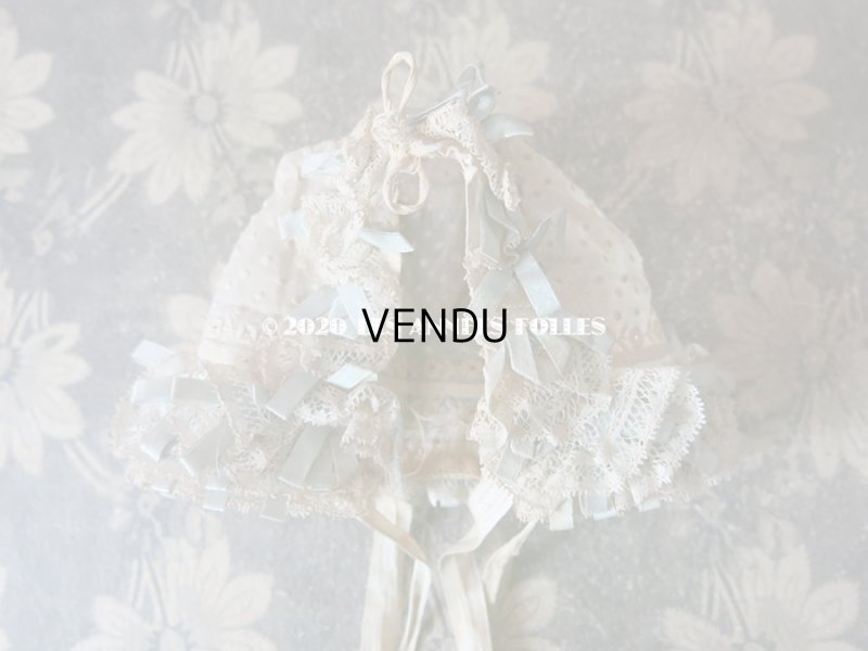 画像5: アンティーク ドール & ベビー用ボネ 水色のリボン&花模様と水玉の刺繍入り