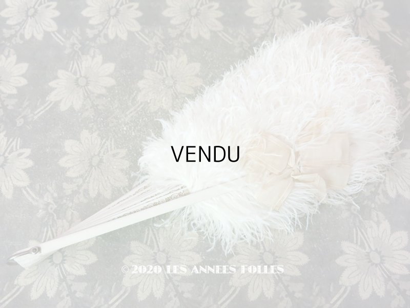 画像5: アンティーク 淡いピンクベージュのリボン付 オフホワイトのフェザーのファン 