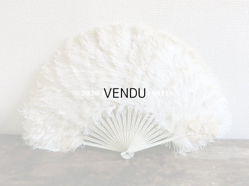 画像7: アンティーク 淡いピンクベージュのリボン付 オフホワイトのフェザーのファン 