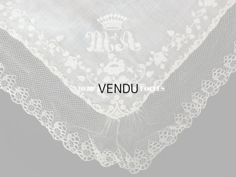 画像4: 【10周年セール対象外】 19世紀 アンティーク  結婚式のハンカチ イニシャル【MA】 ホワイトワーク & 手編みのレース