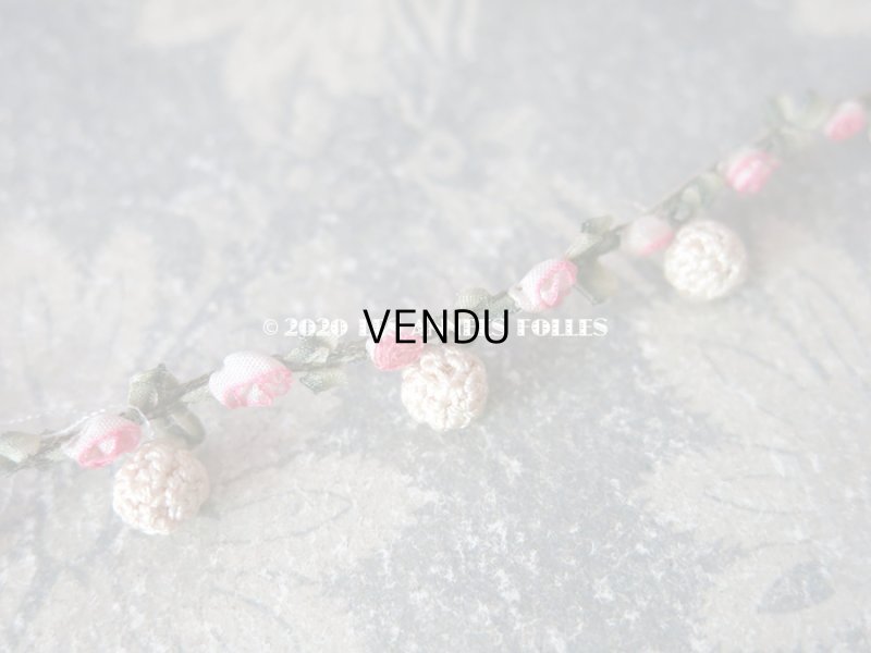 画像5: 1900年代 アンティーク 極小 ロココトリム とても小さなピンクの薔薇 シルク製 ポンポン付き ロココリボン 28cm