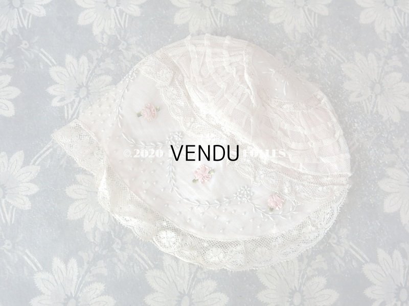 画像4: アンティーク レースのボネ ピンクのロココトリム & ホワイトワーク