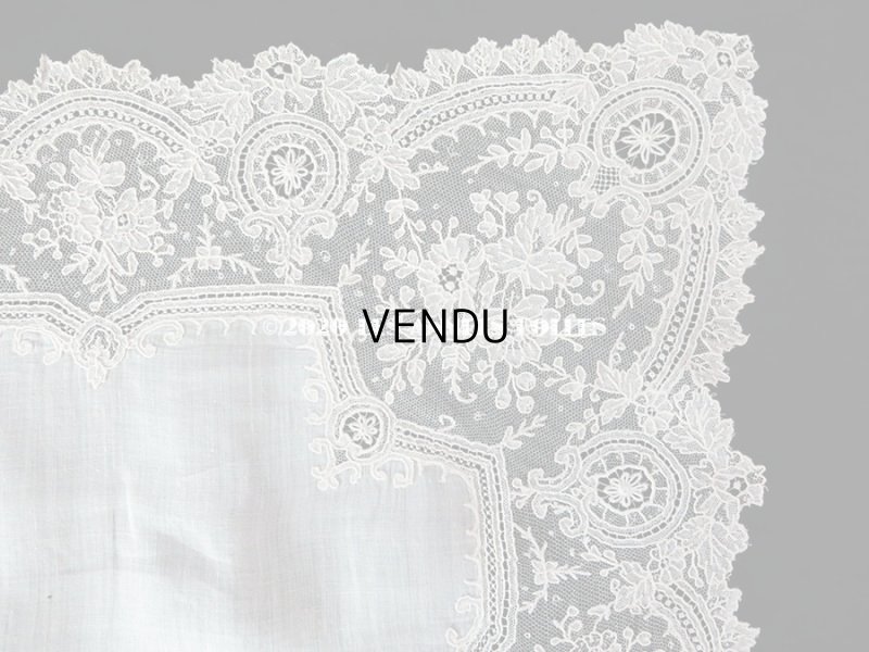 画像7: 19世紀 アンティーク ポワンドガーズのレース  結婚式のハンカチ 王冠 & モノグラムの刺繍 【 ポワン・ド・ガーズ 】