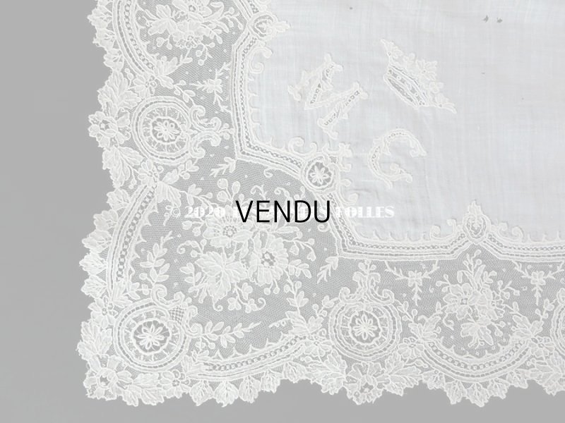 画像8: 19世紀 アンティーク ポワンドガーズのレース  結婚式のハンカチ 王冠 & モノグラムの刺繍 【 ポワン・ド・ガーズ 】