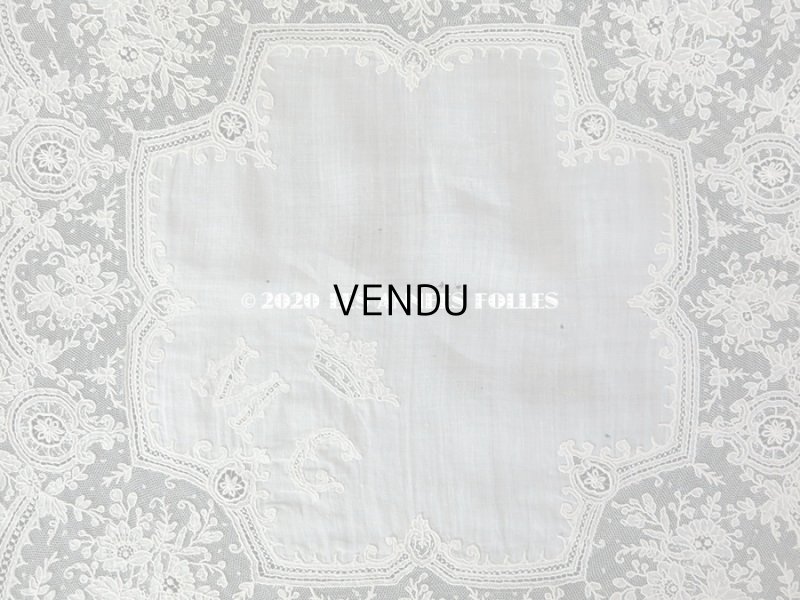 画像4: 19世紀 アンティーク ポワンドガーズのレース  結婚式のハンカチ 王冠 & モノグラムの刺繍 【 ポワン・ド・ガーズ 】