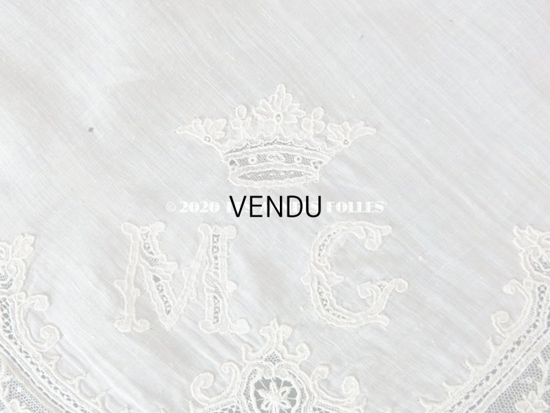 画像10: 19世紀 アンティーク ポワンドガーズのレース  結婚式のハンカチ 王冠 & モノグラムの刺繍 【 ポワン・ド・ガーズ 】