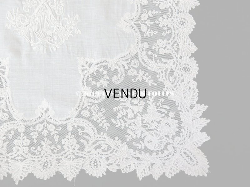 画像7: 19世紀 アンティーク 大きなモノグラム刺繍入り 結婚式のハンカチ アプリカシオン・アングルテール (ボビンレース)　
