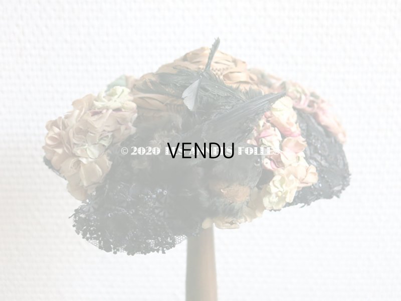 画像14: 19世紀末 アンティーク ドール用 ストローハット 鳥の剥製&布花&ビーズ刺繍付 ドールハット