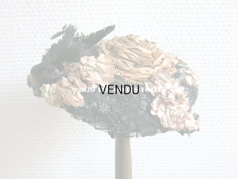 画像13: 19世紀末 アンティーク ドール用 ストローハット 鳥の剥製&布花&ビーズ刺繍付 ドールハット