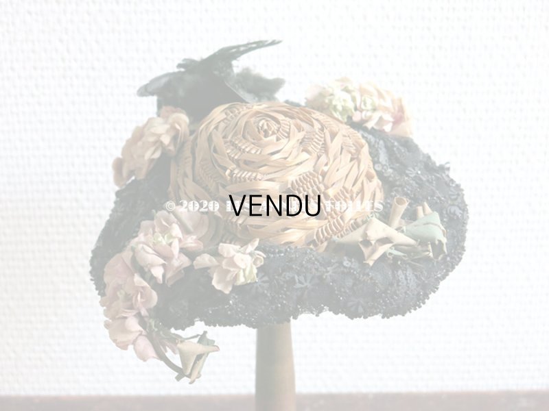 画像16: 19世紀末 アンティーク ドール用 ストローハット 鳥の剥製&布花&ビーズ刺繍付 ドールハット