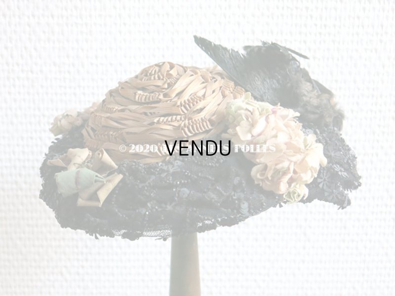画像15: 19世紀末 アンティーク ドール用 ストローハット 鳥の剥製&布花&ビーズ刺繍付 ドールハット