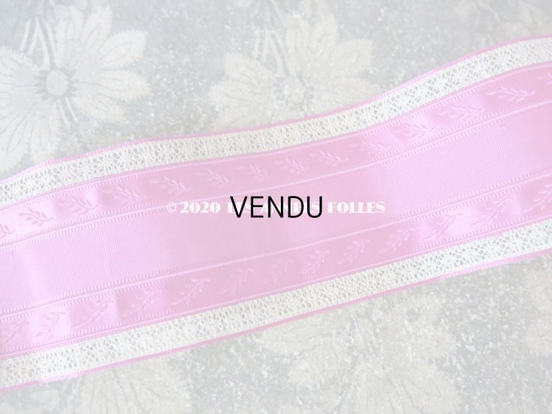 画像3: 19世紀末 アンティーク  レースの縁取り シルク製 リーフ柄のリボン 　6.1cm幅 150cm パープル＆フューシャピンク