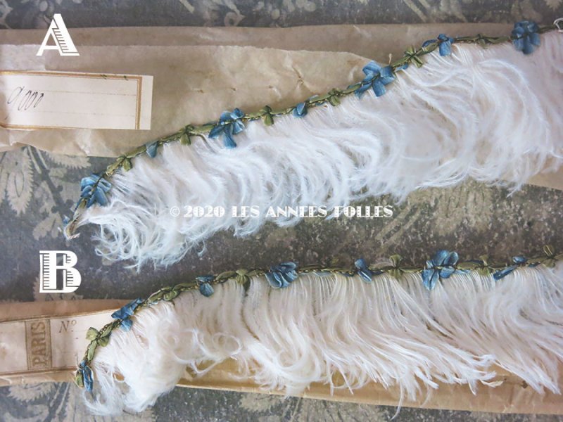画像2: 未使用 ラベル付き アンティーク シルク製 ブルーのロココトリム付 オフホワイトのフェザー  約60cm