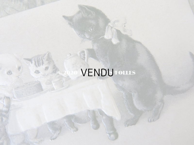 画像3: 1902年 アンティークポストカード 猫の親子のティータイム エンボス加工入り