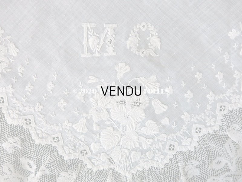 画像4: 19世紀 アンティーク  結婚式のハンカチ 【MQ】 菫のホワイトワーク & 手編みのヴァランシエンヌレース