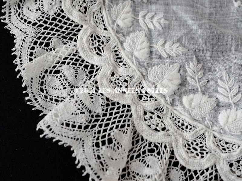 画像4: 19世紀 アンティーク  クラヴァット ホワイトワーク & 手編みのヴァランシエンヌレース イニシャルの刺繍入り