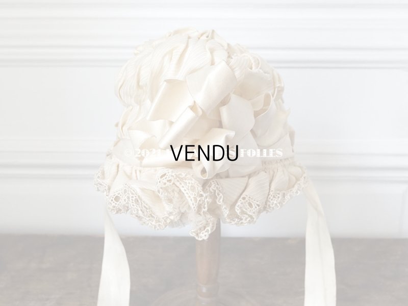 画像8: アンティーク シルク製 小さな女の子用 帽子 クリーム色 大きなリボン