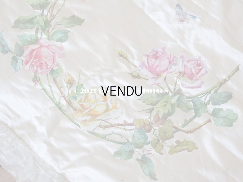 画像6: 1900年代 アンティーク シルク製 大きなポシェット 薔薇と蝶々のハンドペイント オフホワイト