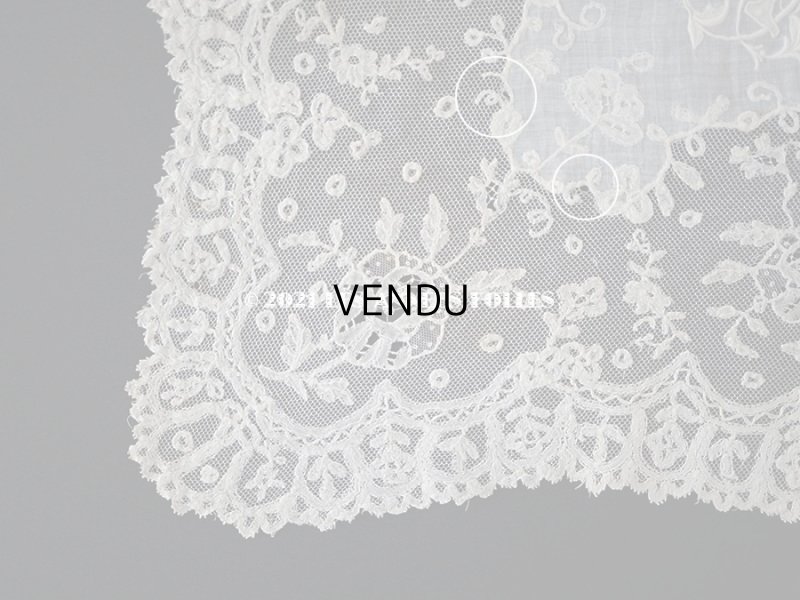 画像10: 19世紀 アンティーク イニシャル・モノグラム刺繍入り 結婚式のハンカチ アプリカシオン・アングルテール (ボビンレース)