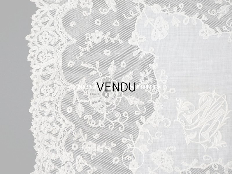 画像8: 19世紀 アンティーク イニシャル・モノグラム刺繍入り 結婚式のハンカチ アプリカシオン・アングルテール (ボビンレース)
