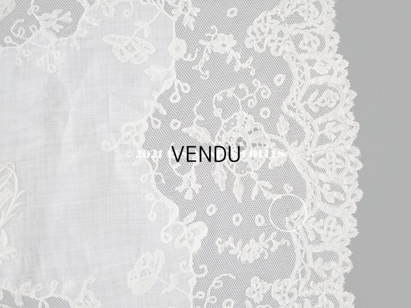 画像9: 19世紀 アンティーク イニシャル・モノグラム刺繍入り 結婚式のハンカチ アプリカシオン・アングルテール (ボビンレース)