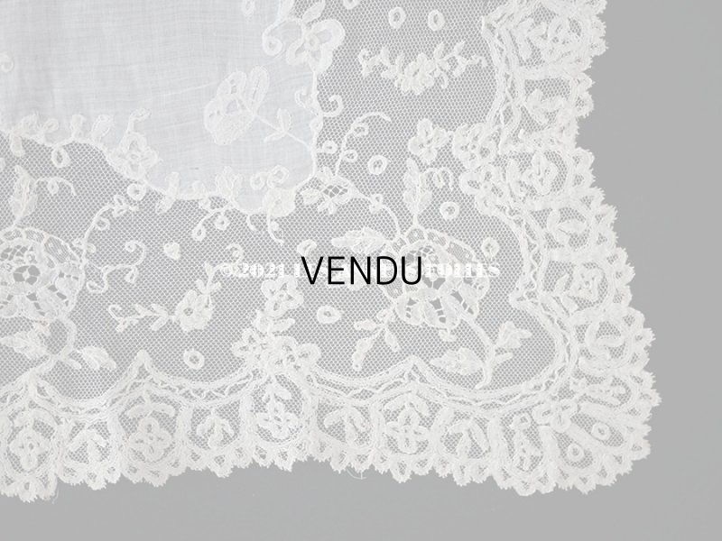 画像12: 19世紀 アンティーク イニシャル・モノグラム刺繍入り 結婚式のハンカチ アプリカシオン・アングルテール (ボビンレース)