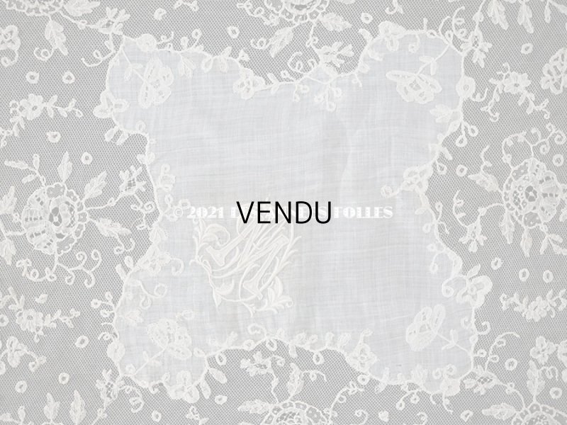 画像4: 19世紀 アンティーク イニシャル・モノグラム刺繍入り 結婚式のハンカチ アプリカシオン・アングルテール (ボビンレース)