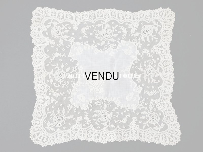画像3: 19世紀 アンティーク イニシャル・モノグラム刺繍入り 結婚式のハンカチ アプリカシオン・アングルテール (ボビンレース)