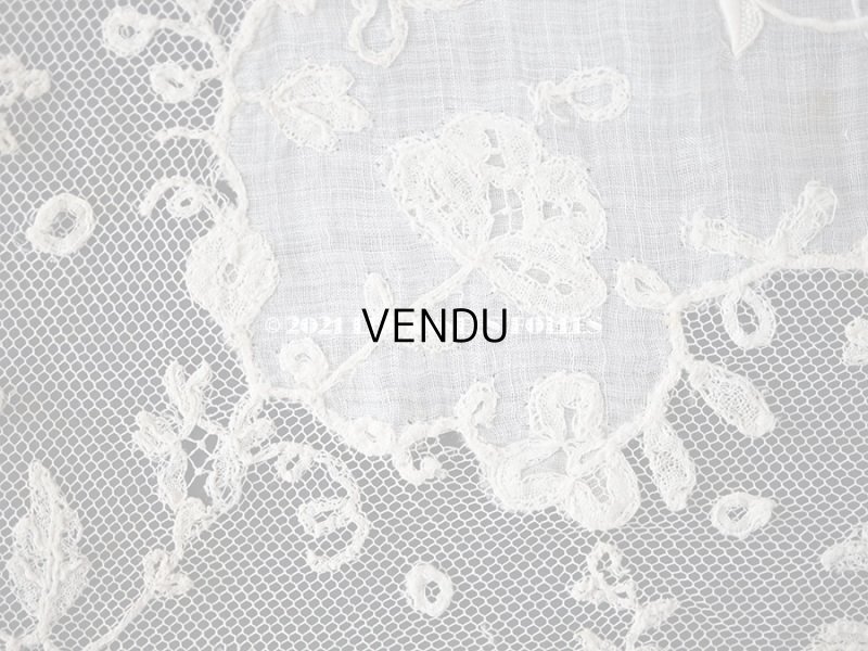 画像14: 19世紀 アンティーク イニシャル・モノグラム刺繍入り 結婚式のハンカチ アプリカシオン・アングルテール (ボビンレース)