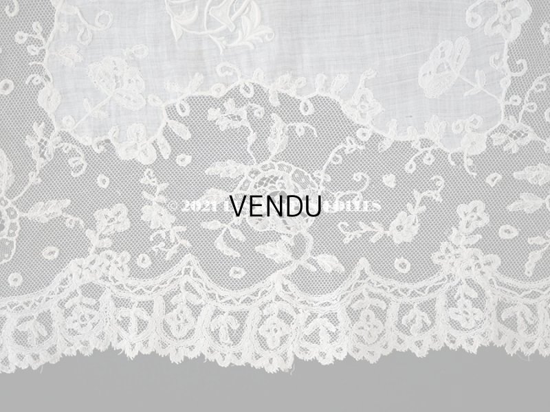 画像11: 19世紀 アンティーク イニシャル・モノグラム刺繍入り 結婚式のハンカチ アプリカシオン・アングルテール (ボビンレース)