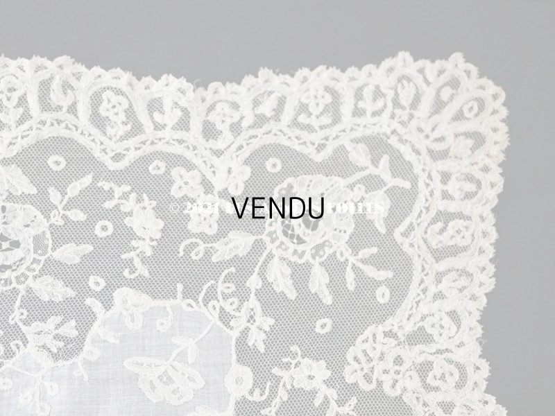 画像7: 19世紀 アンティーク イニシャル・モノグラム刺繍入り 結婚式のハンカチ アプリカシオン・アングルテール (ボビンレース)