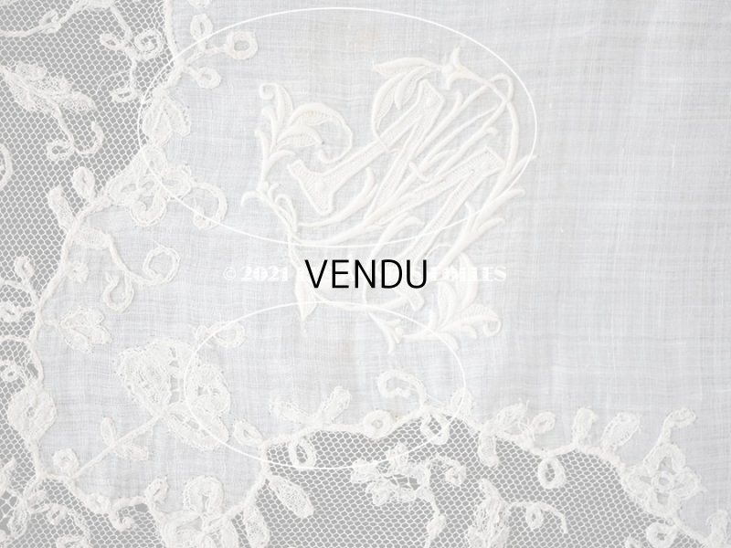 画像13: 19世紀 アンティーク イニシャル・モノグラム刺繍入り 結婚式のハンカチ アプリカシオン・アングルテール (ボビンレース)