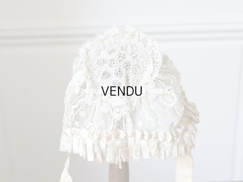 画像5: アンティーク ドール用 小さなボネ パウダーピンクのシルクリボン&手編みのレース