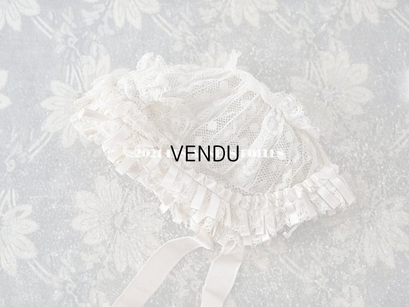 画像3: アンティーク ドール用 小さなボネ パウダーピンクのシルクリボン&手編みのレース