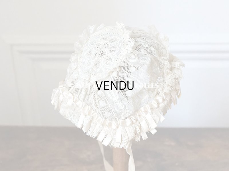 画像16: アンティーク ドール用 小さなボネ パウダーピンクのシルクリボン&手編みのレース