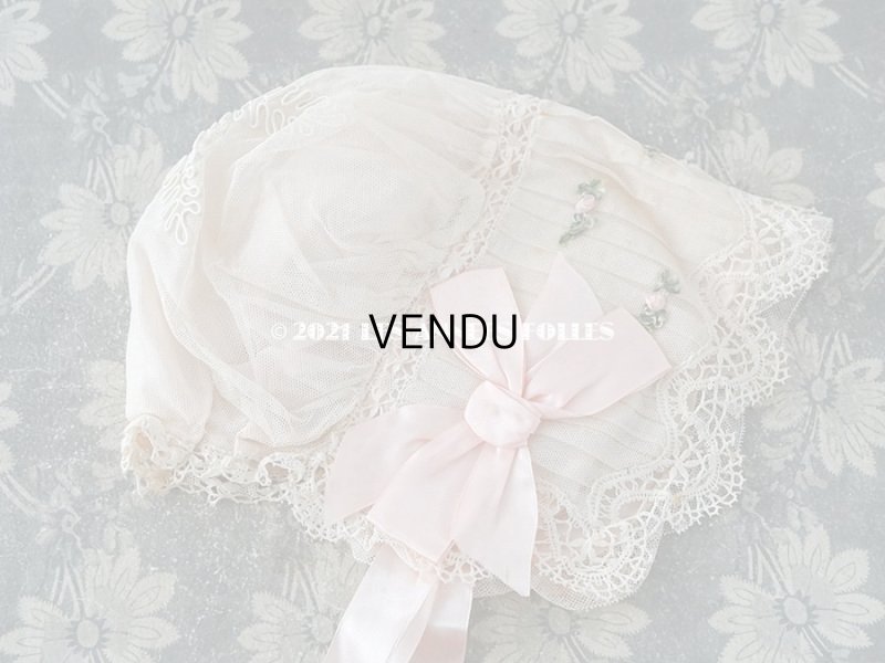 画像5: 1920年代 アンティーク ボネ ベビーピンクのシルクリボン & ロココトリム