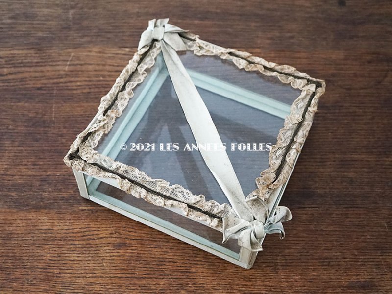 画像3: アンティーク 大きなジュエリーボックス ペールブルー リボン＆レース ガラスケース 20×20×7.5cm